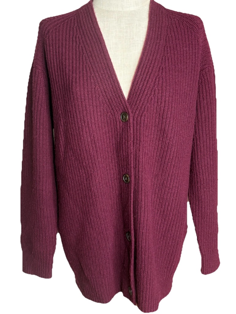 Vince Burgundy Wool Cashmere Ribbed Cardigan